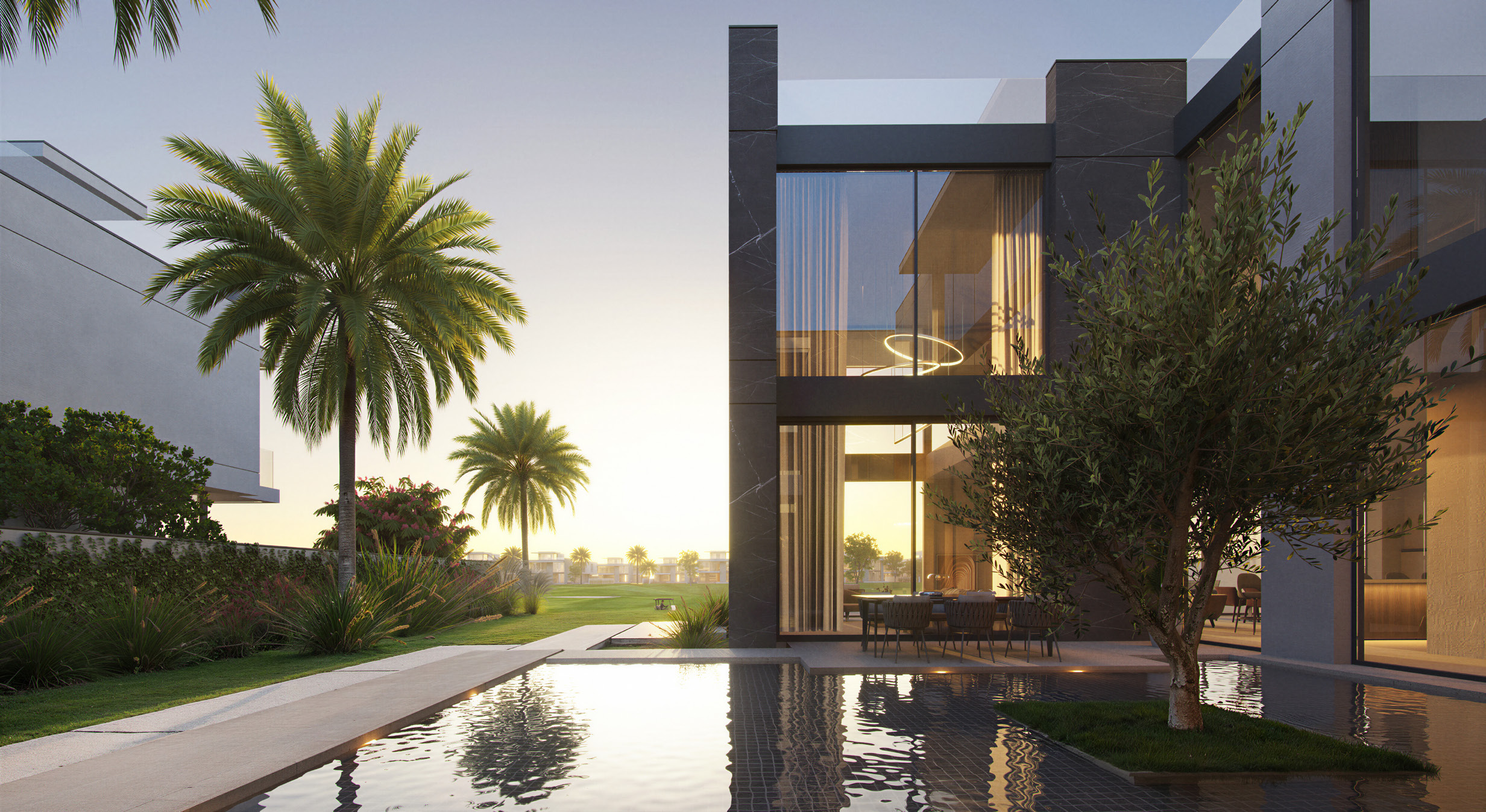Cedarwood Estates South — villa exterior at sunset